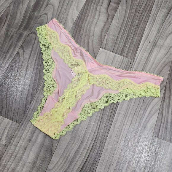 Victoria's Secret TEASE Pink/Lime Silky High-Leg Scoop Thong Panty Size L - Picture 3 of 7